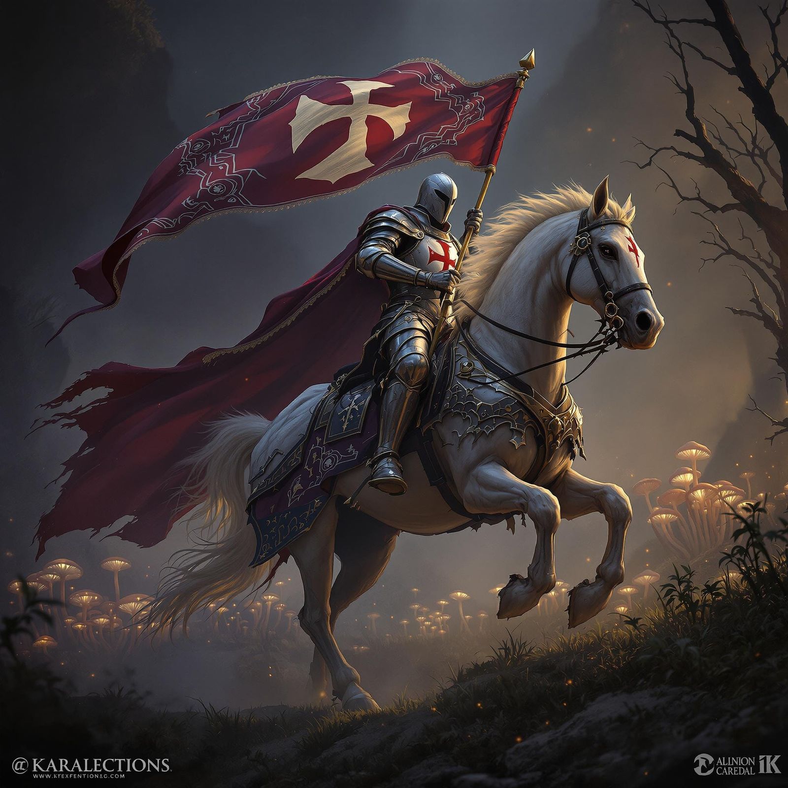 Medieval Knight Rides Through Dark Fantasy Landscape