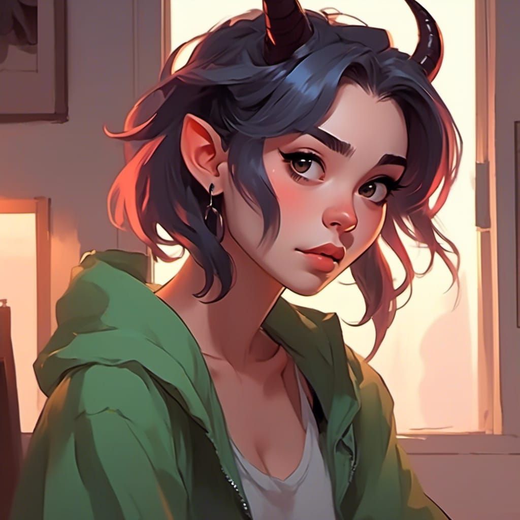 Cartoon Tiefling Girl Portrait in Anime Style