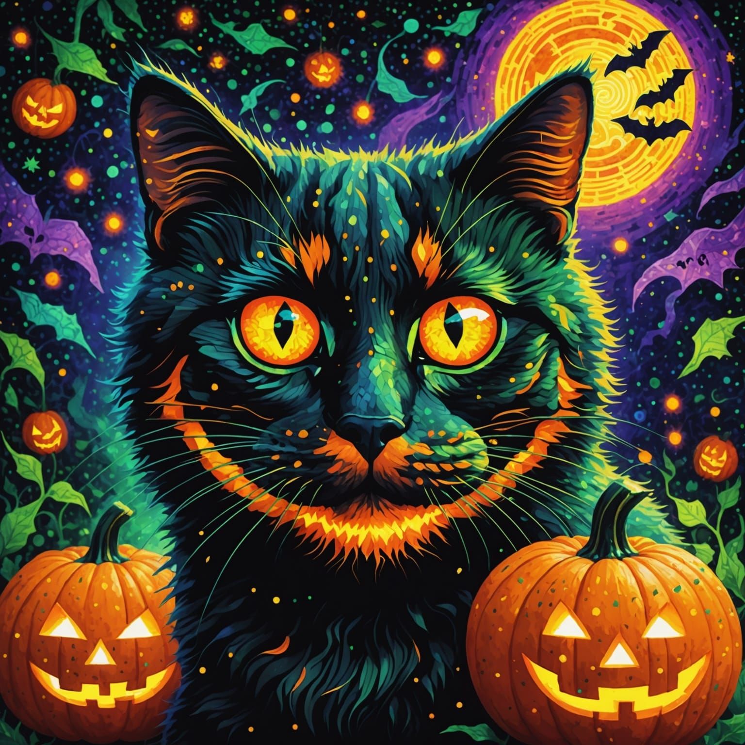 Jack O'Lantern with Cats in Pixelated Pointillism