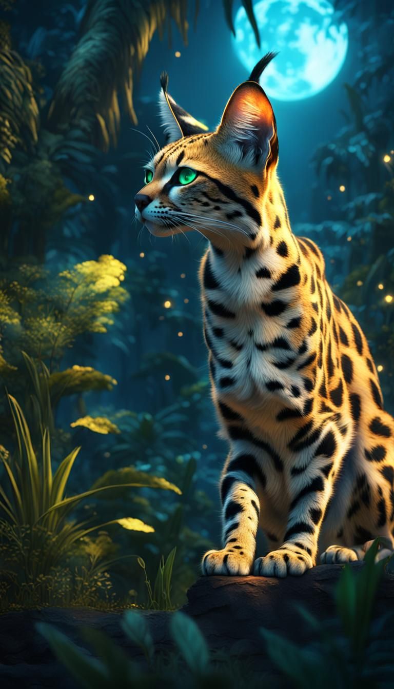 Fantasy Serval in Glowing Jungle, Digital Art