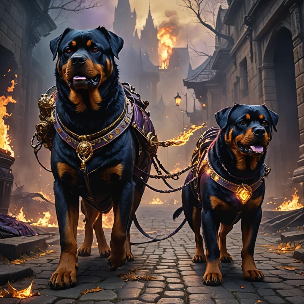 Three-Headed Rottweiler with Dark Prince, Dark Fantasy Art