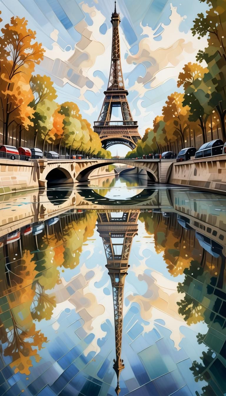 Eiffel Tower Reflection in Gouache Impressionist Style