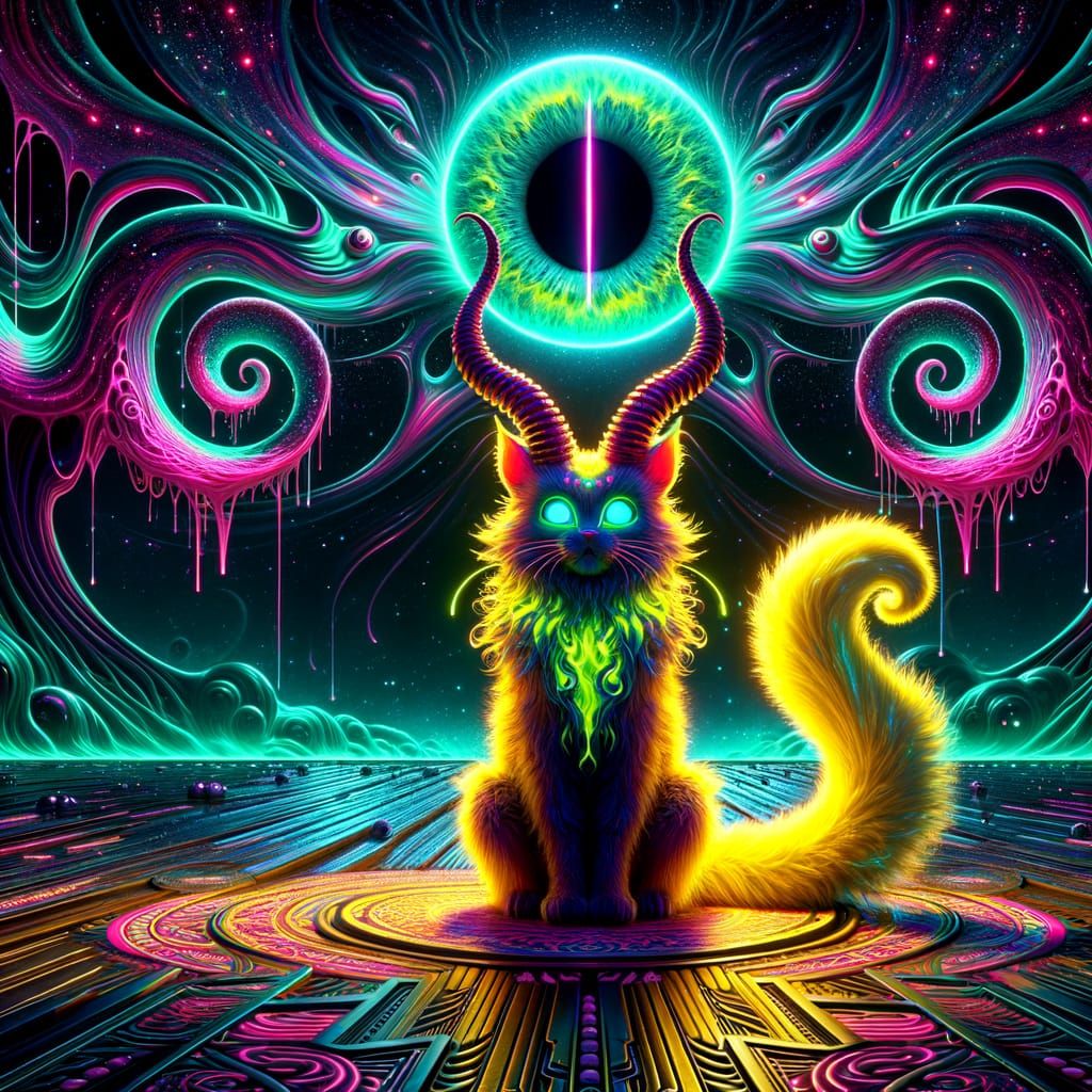 Surreal Neon Cat Creature Gazes at Cosmic Eye
