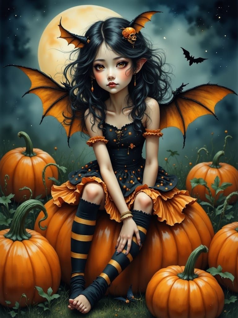 Gothic Woman in Moonlit Pumpkin Patch