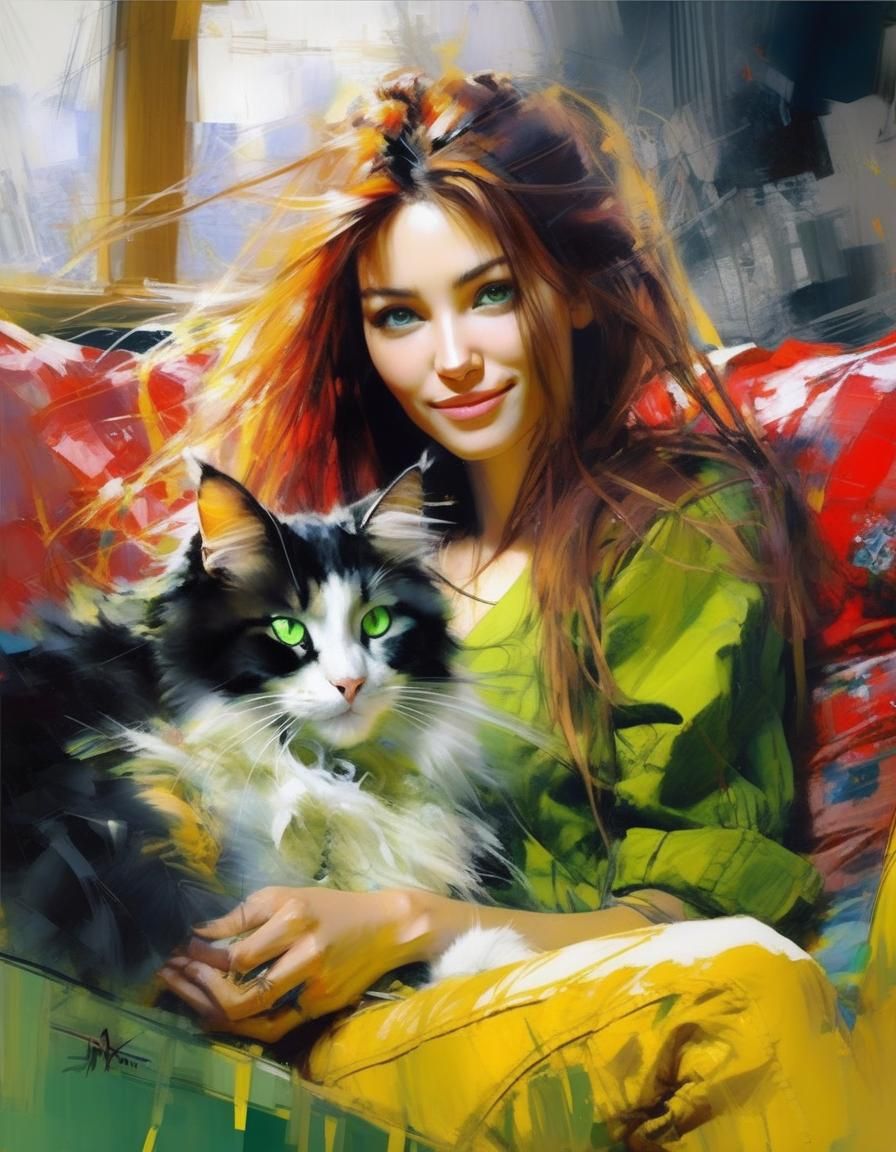 Japanese Woman with Cat in Contemporary Painting Style