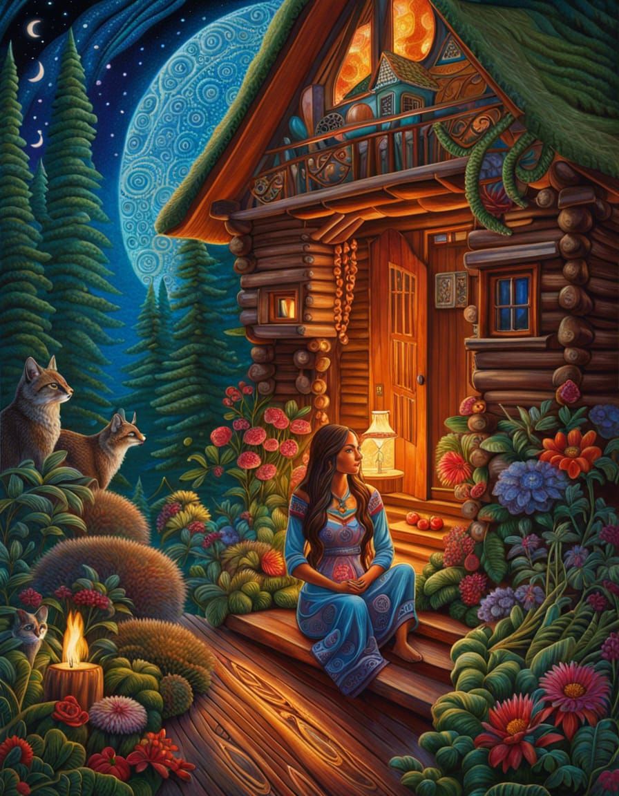 Intricate Visionary Art: Woman in Cozy Cabin