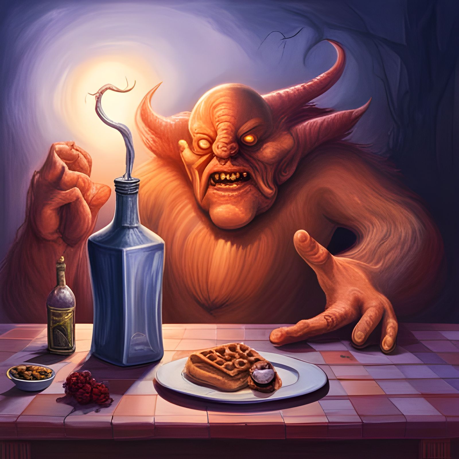 Intoxicated Waffle shaking an angry fist