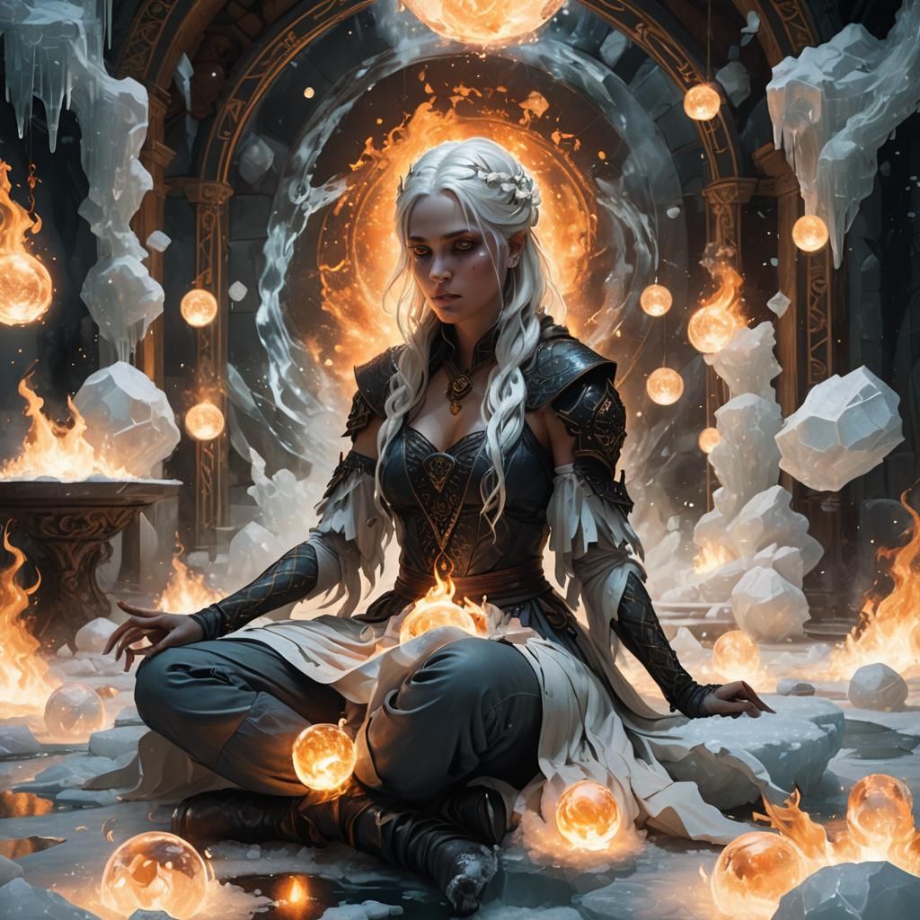 Icy Room Girl Controls Fireballs: Dark Fantasy Art