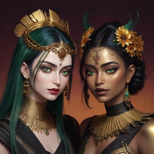 Golden Woman with Peacock Hair, Expressionist Oil Painting