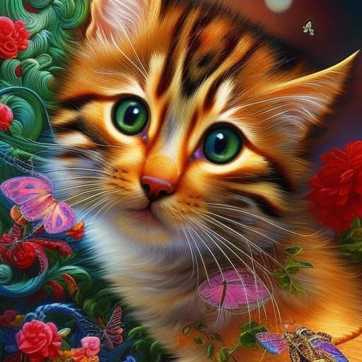 Cute Kitten Catches Butterfly in Deco Beauty Style