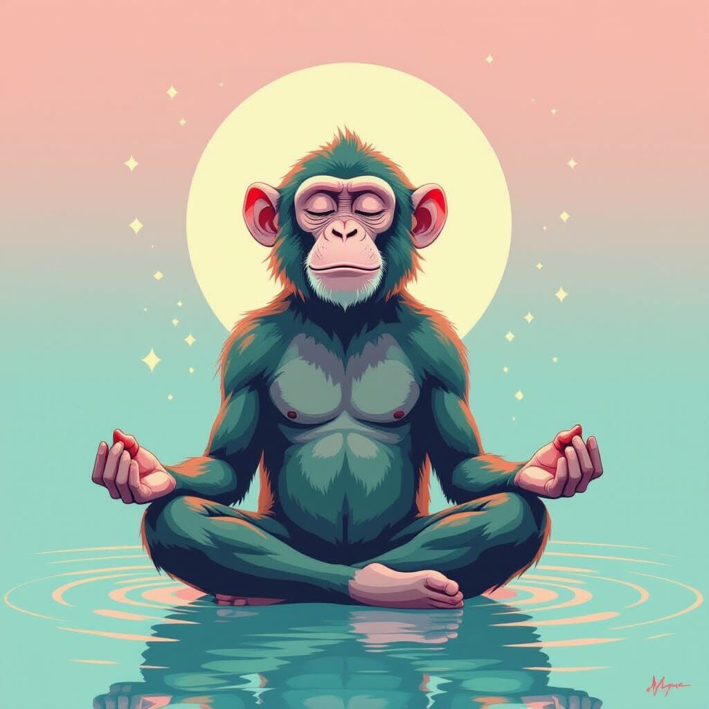 Monkey Meditating in Ethereal Minimalist Style