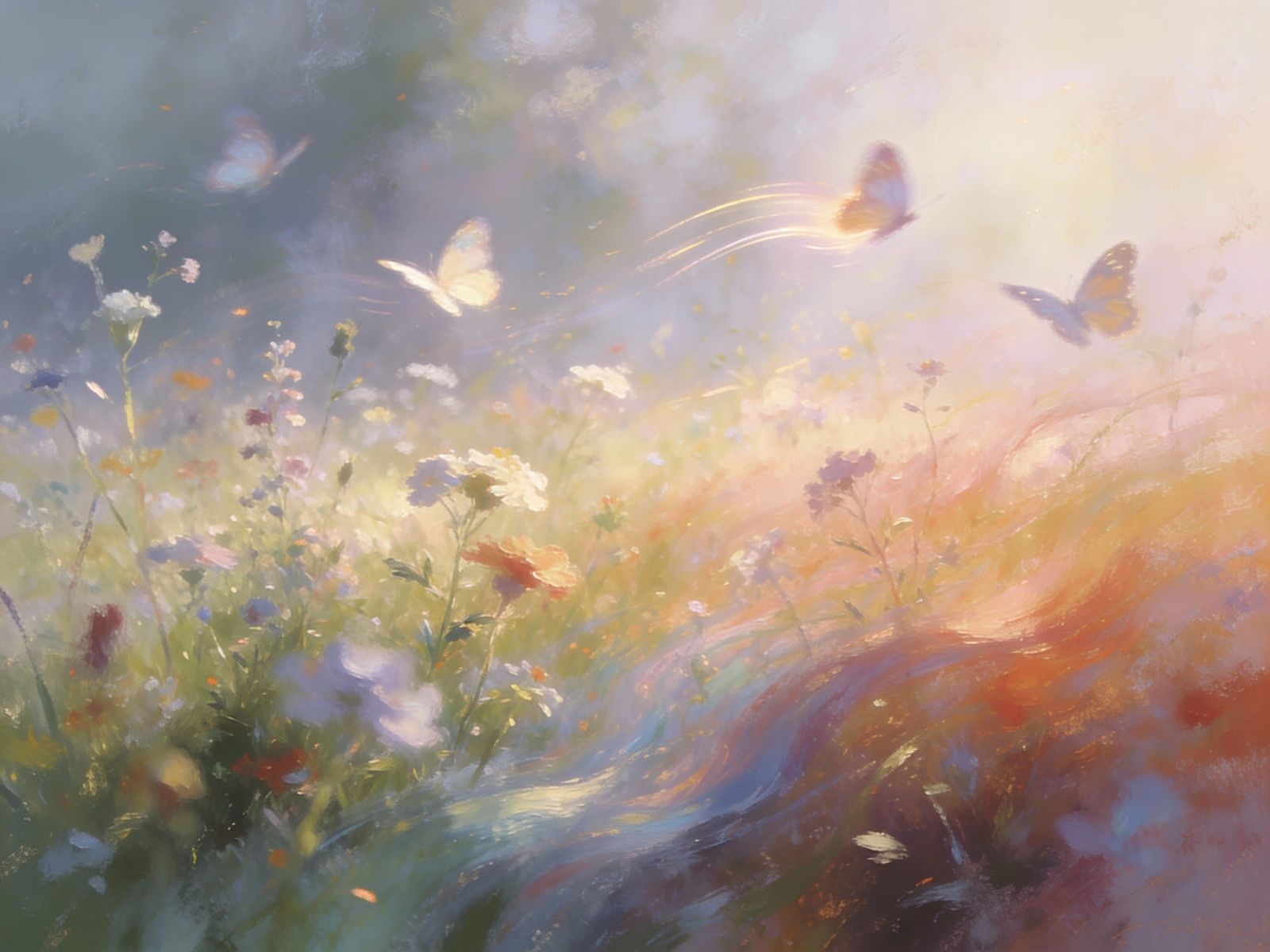 Dreamlike Meadow with Ethereal Wildflowers and Butterflies