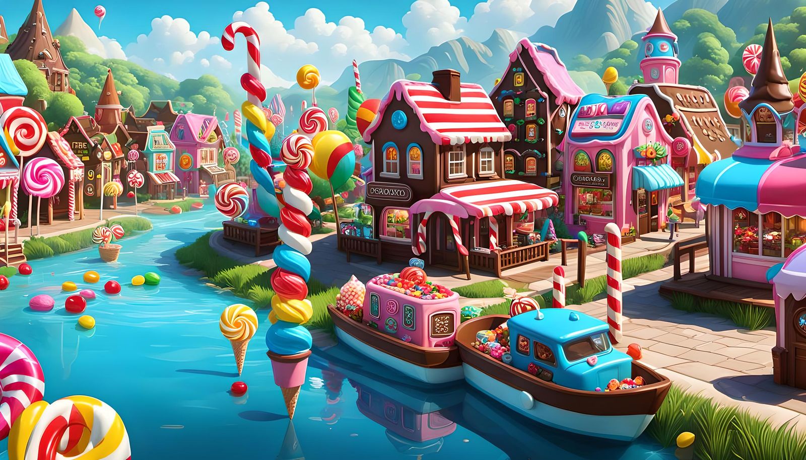 Colorful Candyland Town with Chocolate River in 3D