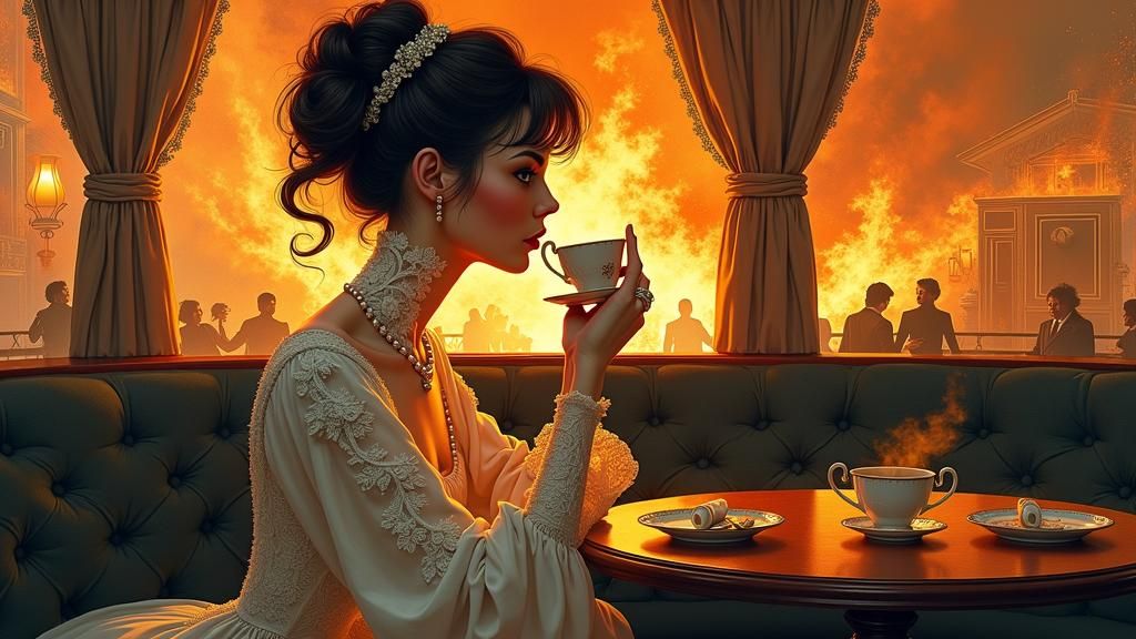 Victorian Woman Calmly Drinks Coffee Amidst Chaos