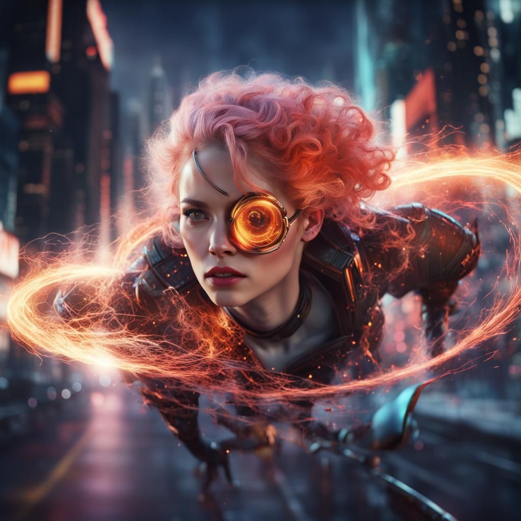 Futuristic Girl with Flaming Hair in Cyberpunk City