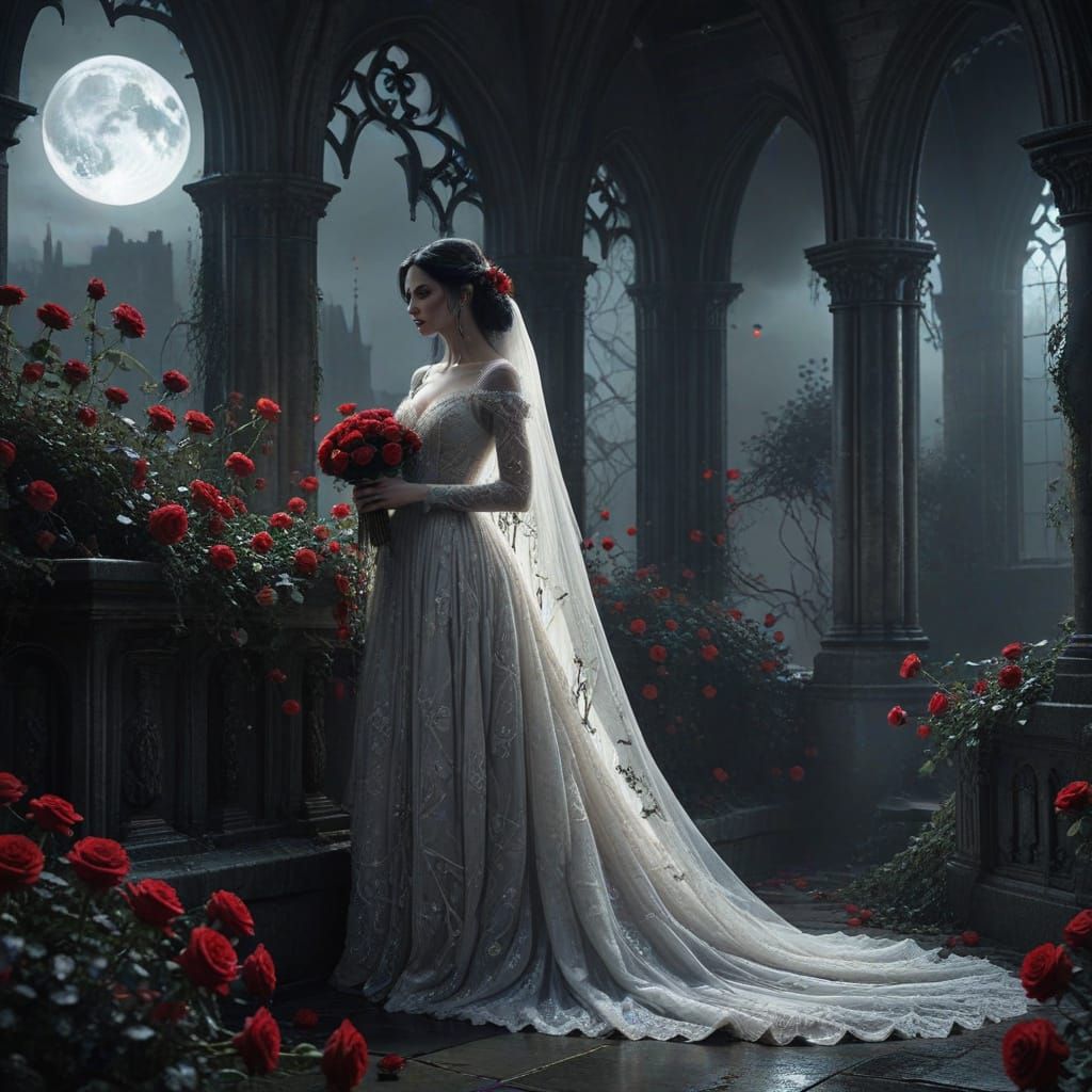 Dark Fantasy Vampire Bride in Moonlit Ruins