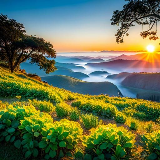 Vibrant Crochet Bunny with Misty Landscape