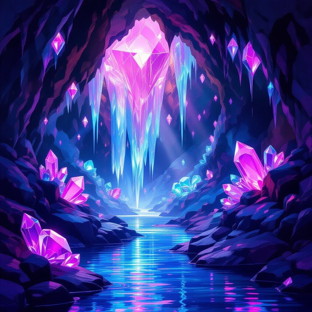 Glowing Diamond Cavern with Liquid Light Waterfalls