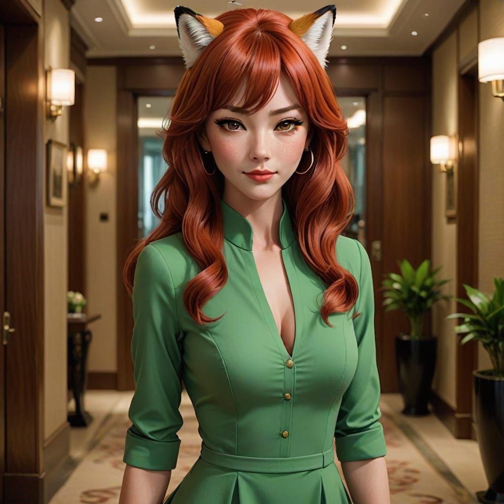 Anime, with fox ears,her red hair flying every which way but...