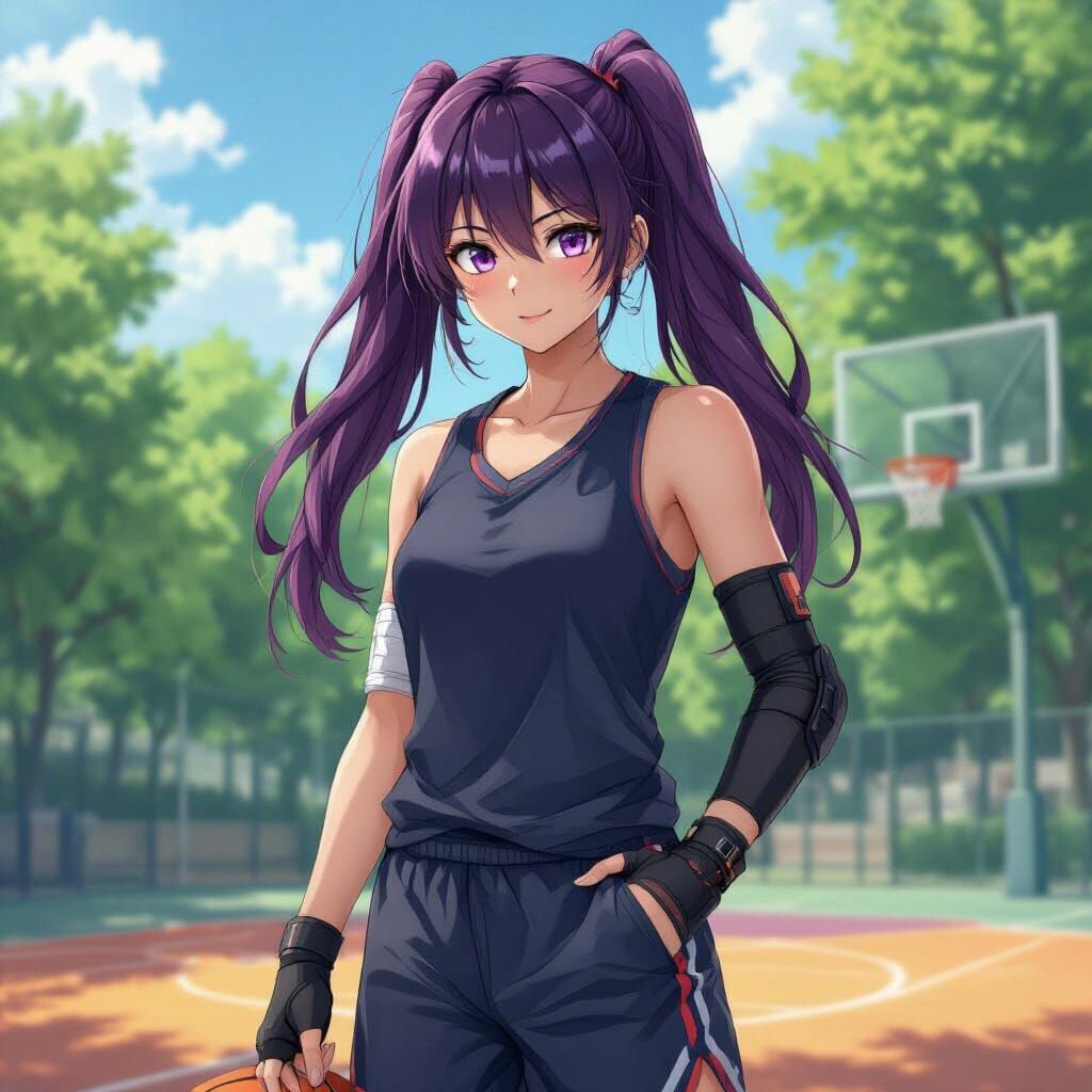 Anime Basketball Player with Purple Ponytail