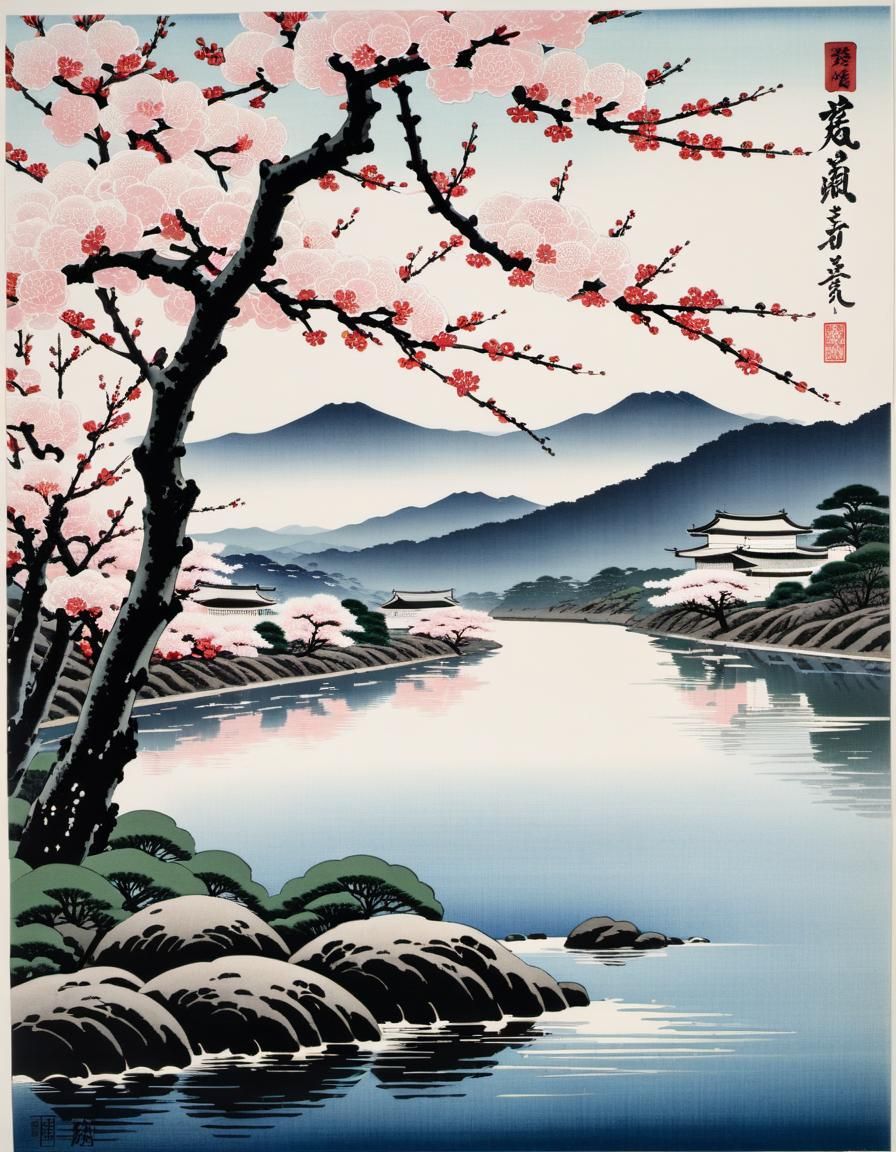 Shinhanga Print of Blooming Sakura by River
