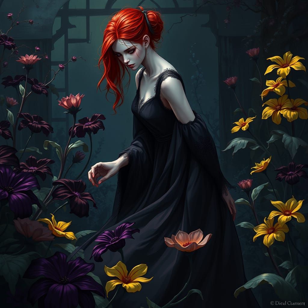 Eerie Garden: Pale Woman in Dark Fantasy Style