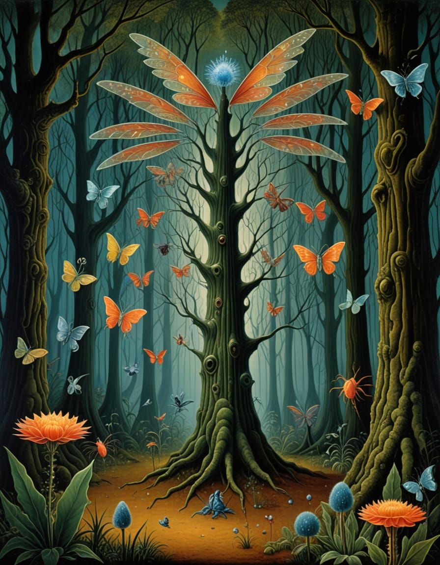 Bioluminescent Jungle with Crystalline Flowers and Light Tre...