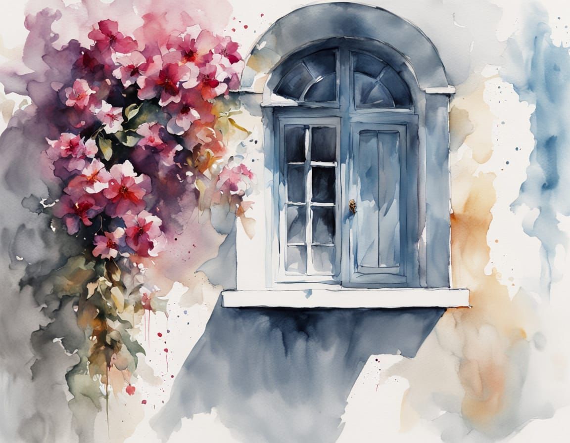 Greek Island Serenity with Bougainvillea Watercolor