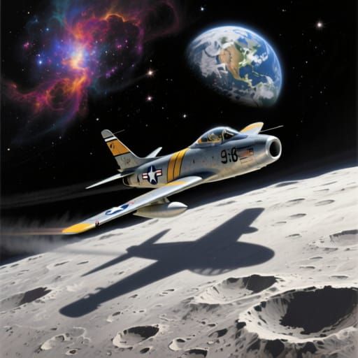F-86 Sabre Jet Flies Over Moon During Earthrise