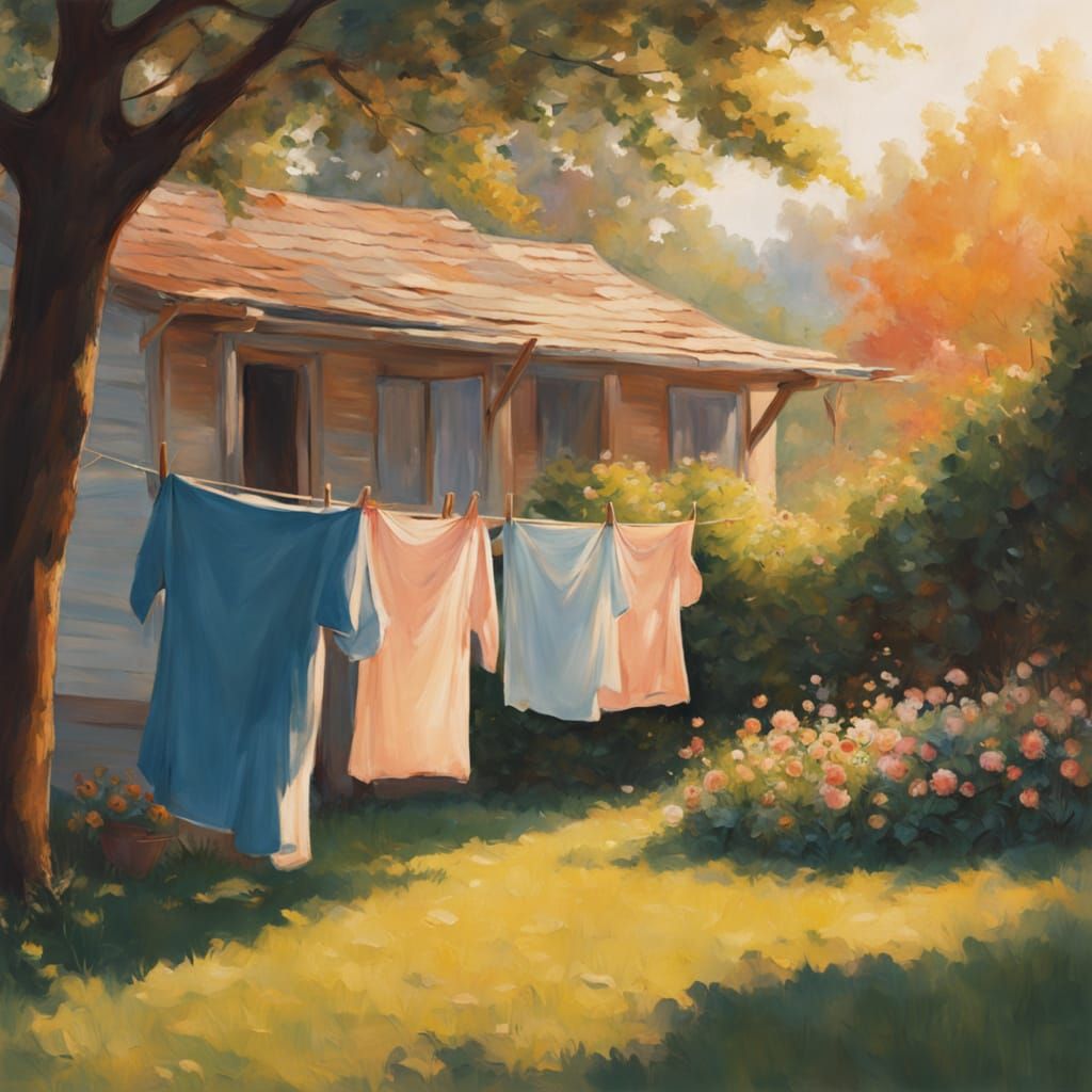 A Woman Sorts Laundry in a Sunlit Backyard