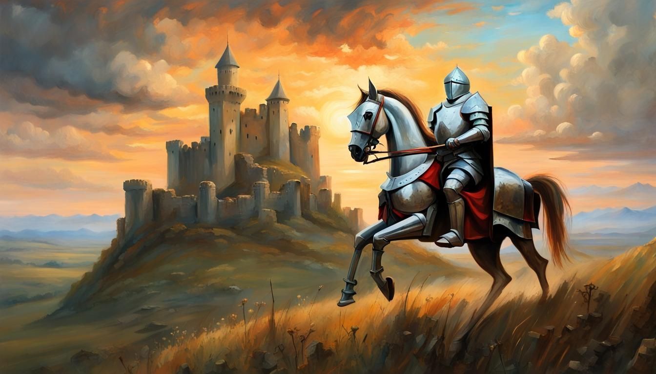 Medieval Knight Warhorse Oil Painting at Sunset