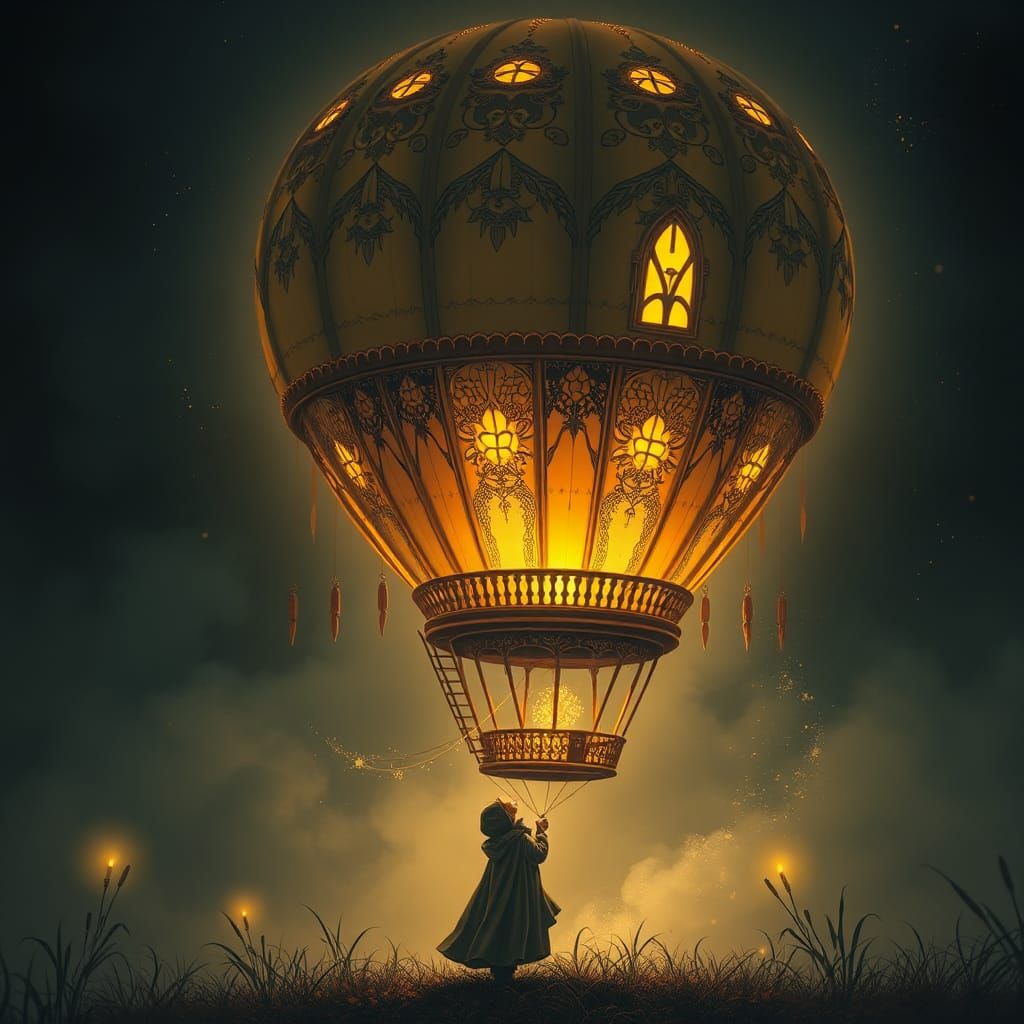 Glowing Hot Air Balloon House in Misty Night Sky