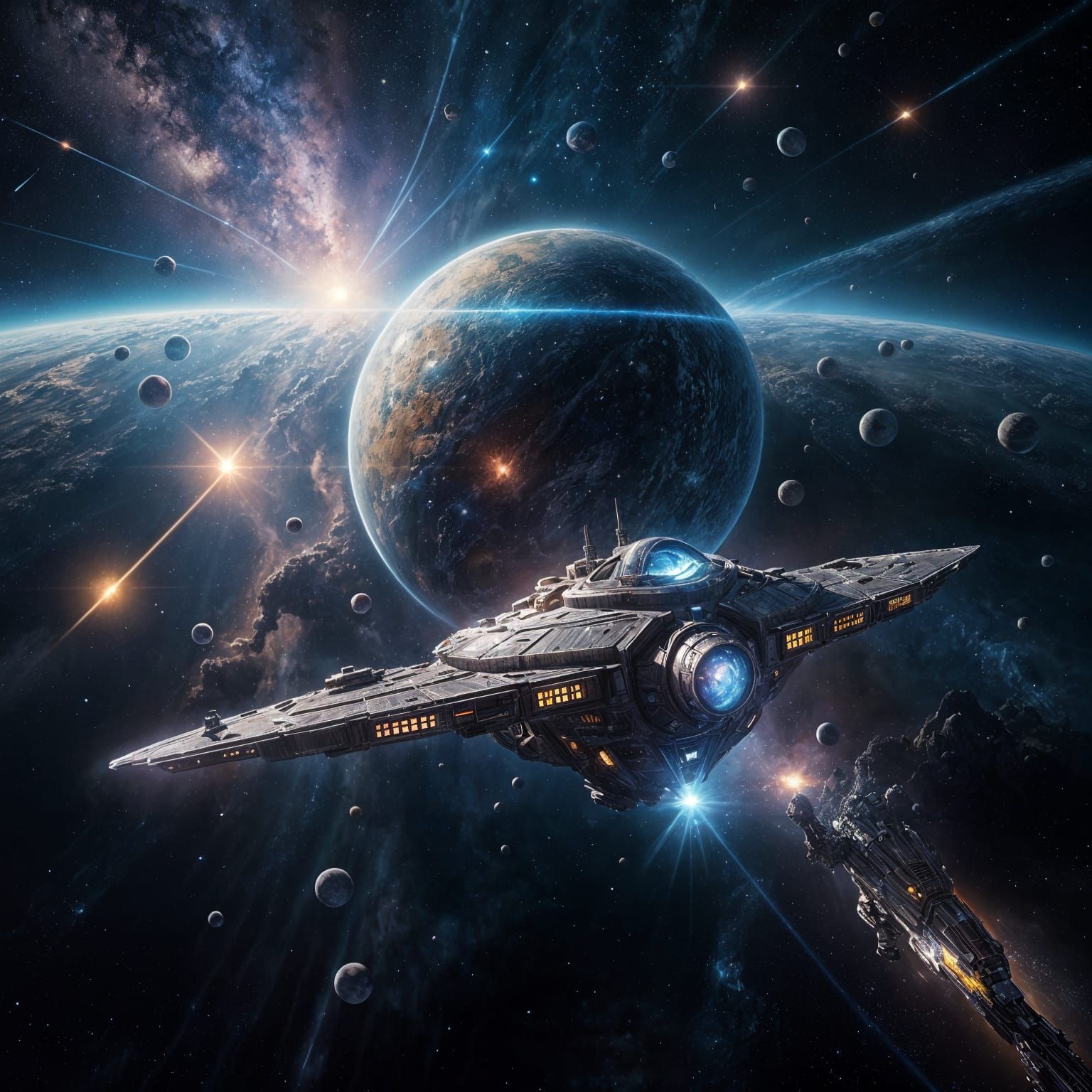 Spaceship Orbiting Diamond Planet in Deep Space