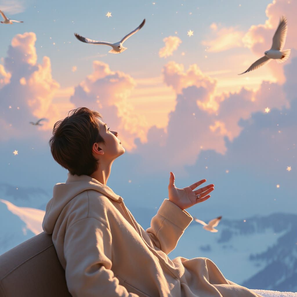 Traveler Gazes at Gentle Face in Clouds, Anime Style