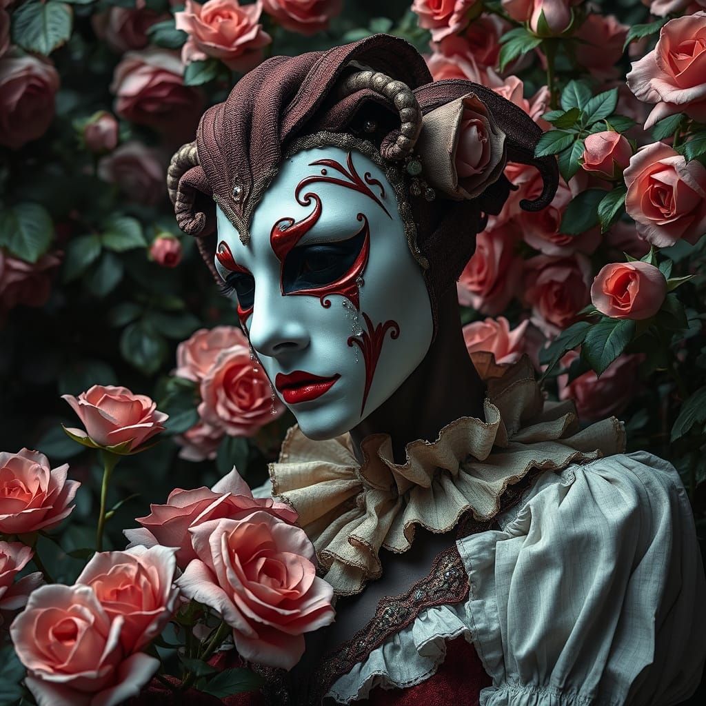 Sorrowful Harlequin in Lavish Rose Garden