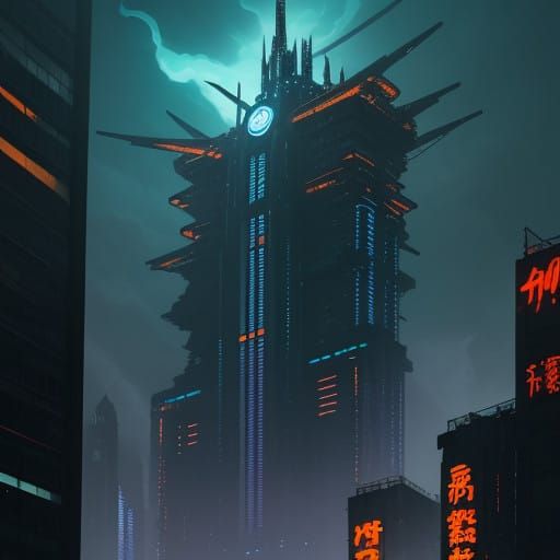 Tokusatsu Cityscape at Dusk, Inspired by Syd Mead and H.R. G...