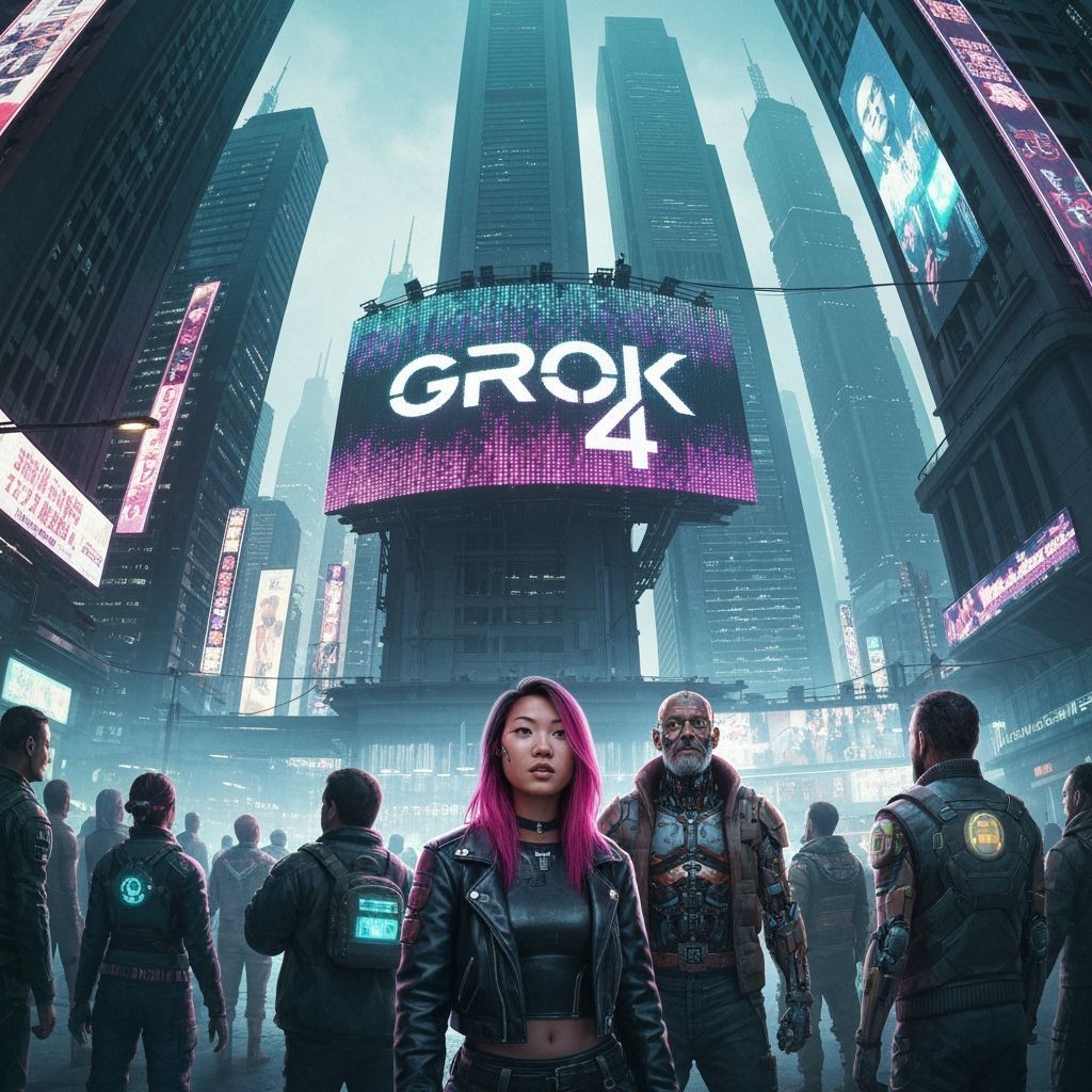 Futuristic Cityscape with Grok 4 Logo in Cyberpunk Style