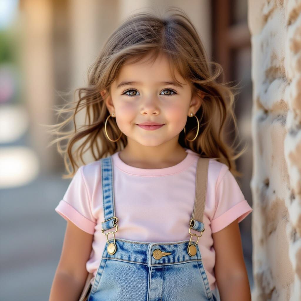 Young Girl in Denim Skirt and Pink Shirt, Photorealistic Por...