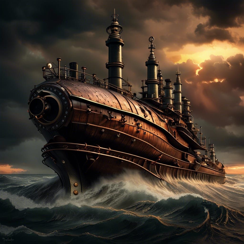 Steampunk Victorian Battleship on Stormy Seas