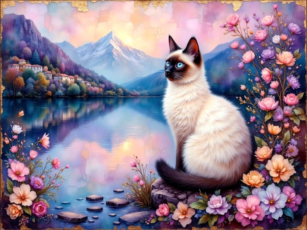 Siamese Cat in Ethereal Landscape with Crepuscular Sunrays