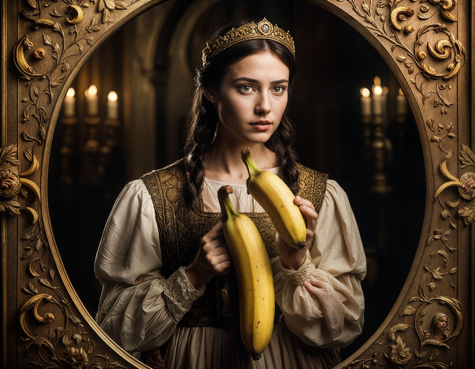 Medieval Woman with Banana Reflected in Mirror