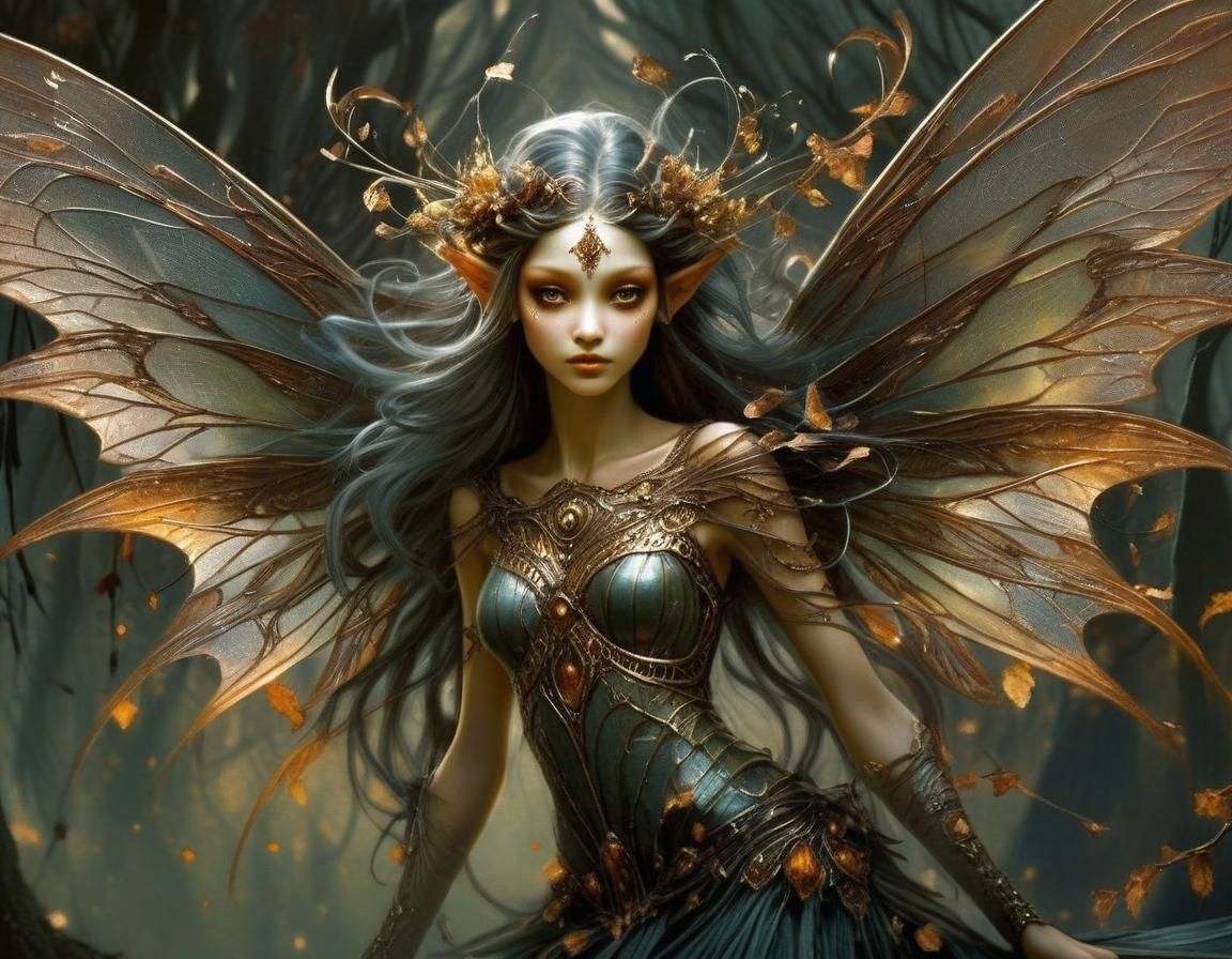 Dystopian Pixie with Filigree Wings: Digital Art