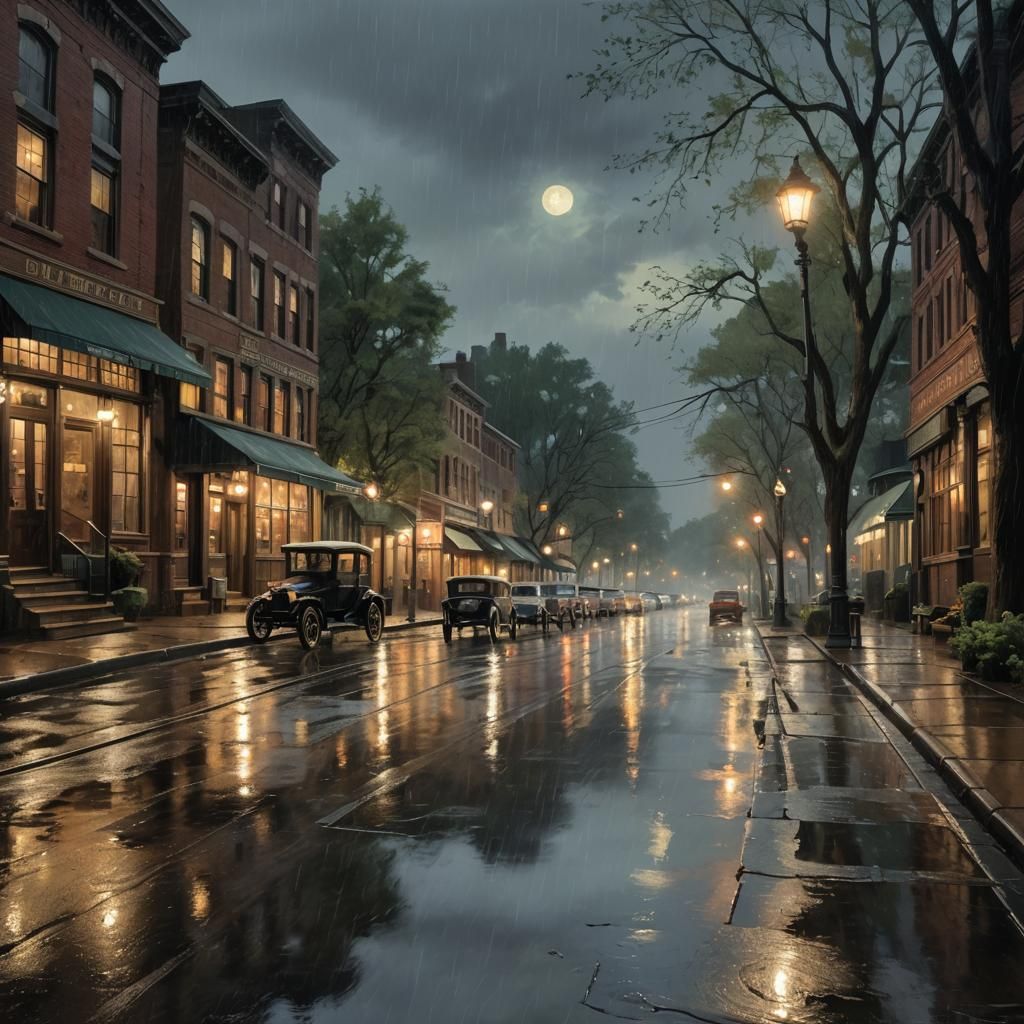 Rainy Night in Early 1900s City, Luminism Style