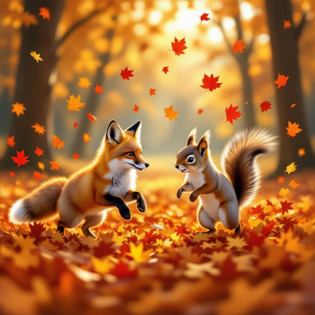Fox and Squirrel Dancing in Autumn Leaves