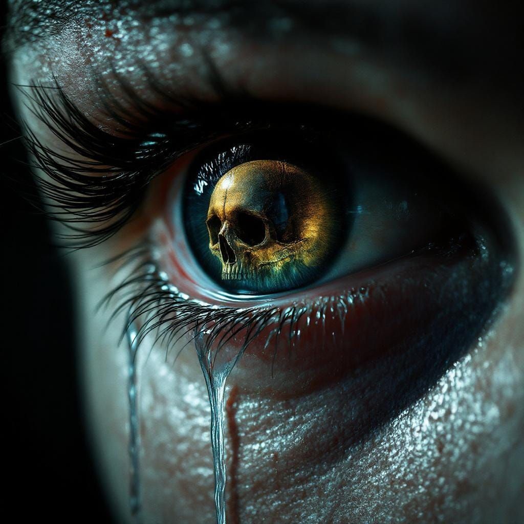 Sorrowful Eye Reflecting Skull: Hyper-Realistic Melancholy