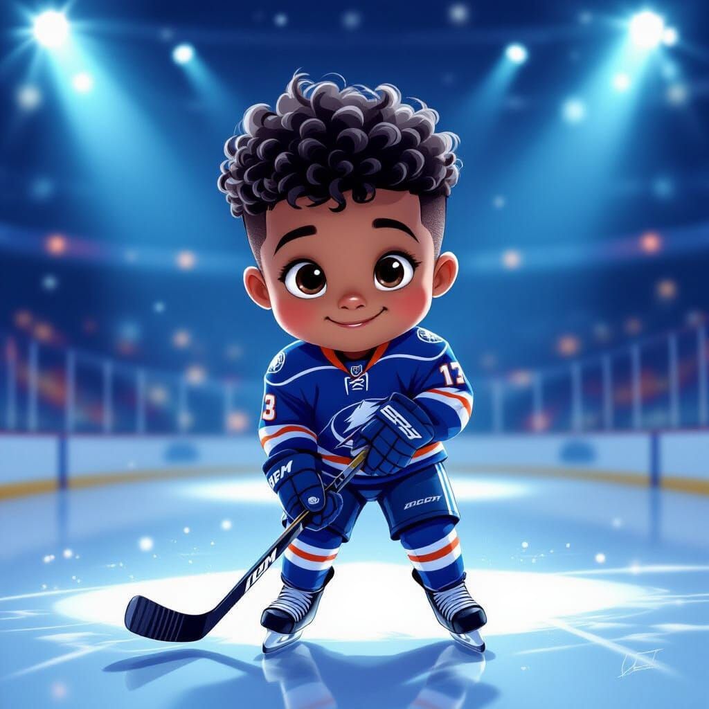 Young Hockey Player Ice Skating in Illuminated Arena