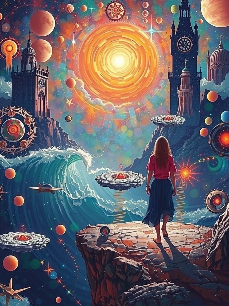 A woman standing on a cliff staring out into a vast Galaxy
