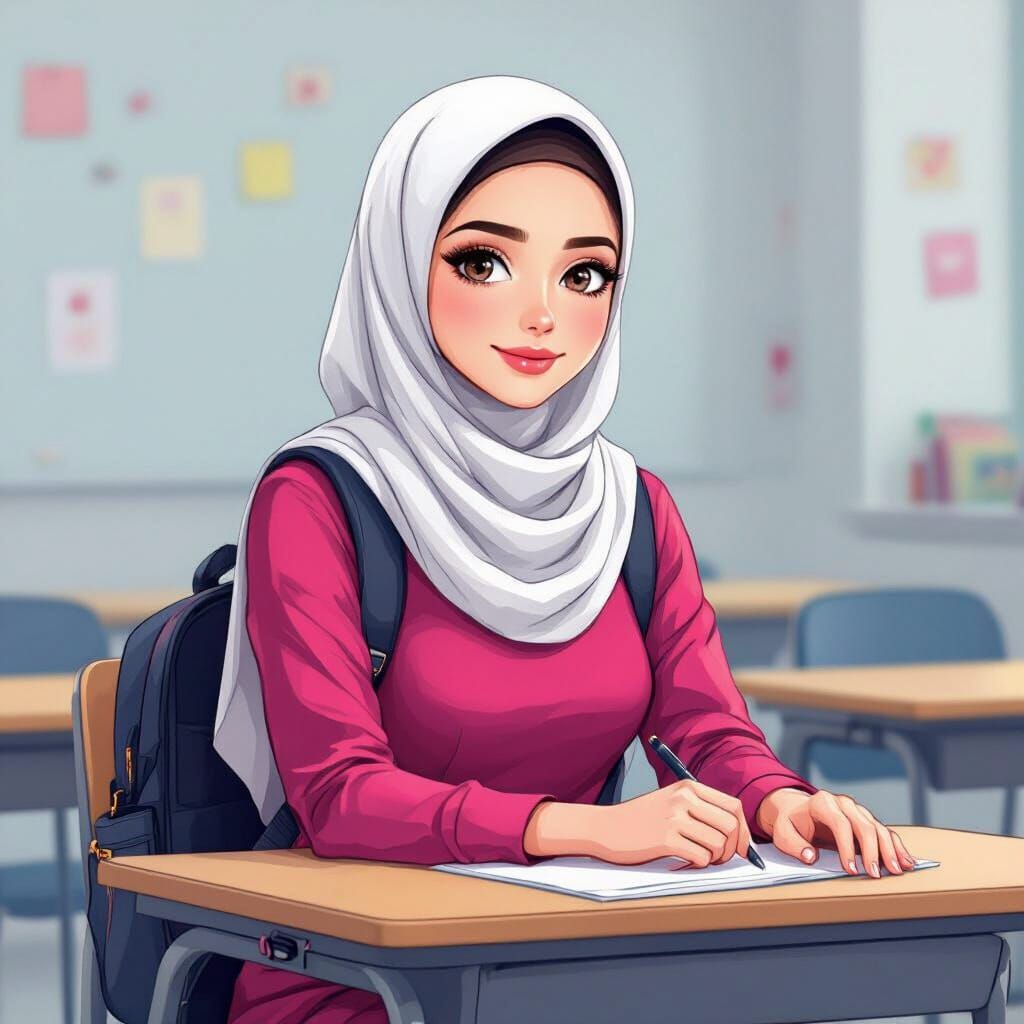 Woman in Hijab: Vibrant Colors in Cartoon Style