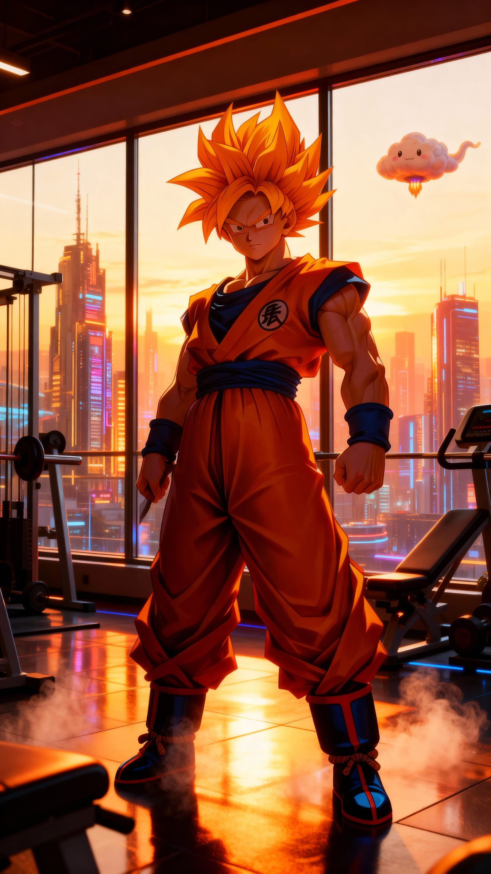 Goku Post-Workout in Modern Gym with Cityscape View