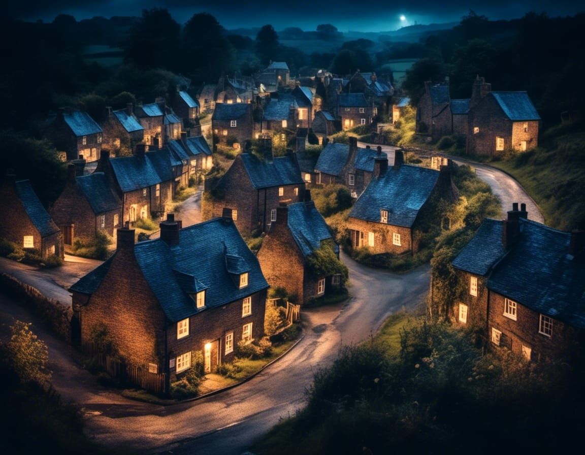 Charming Mill Village Under Eerie Night Sky